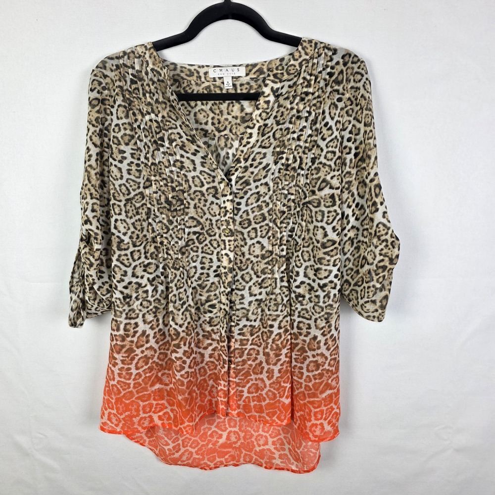 Chaus New York Women Leopard Print Ombre Orange Pintuck‎ Roll Tab Blouse Small